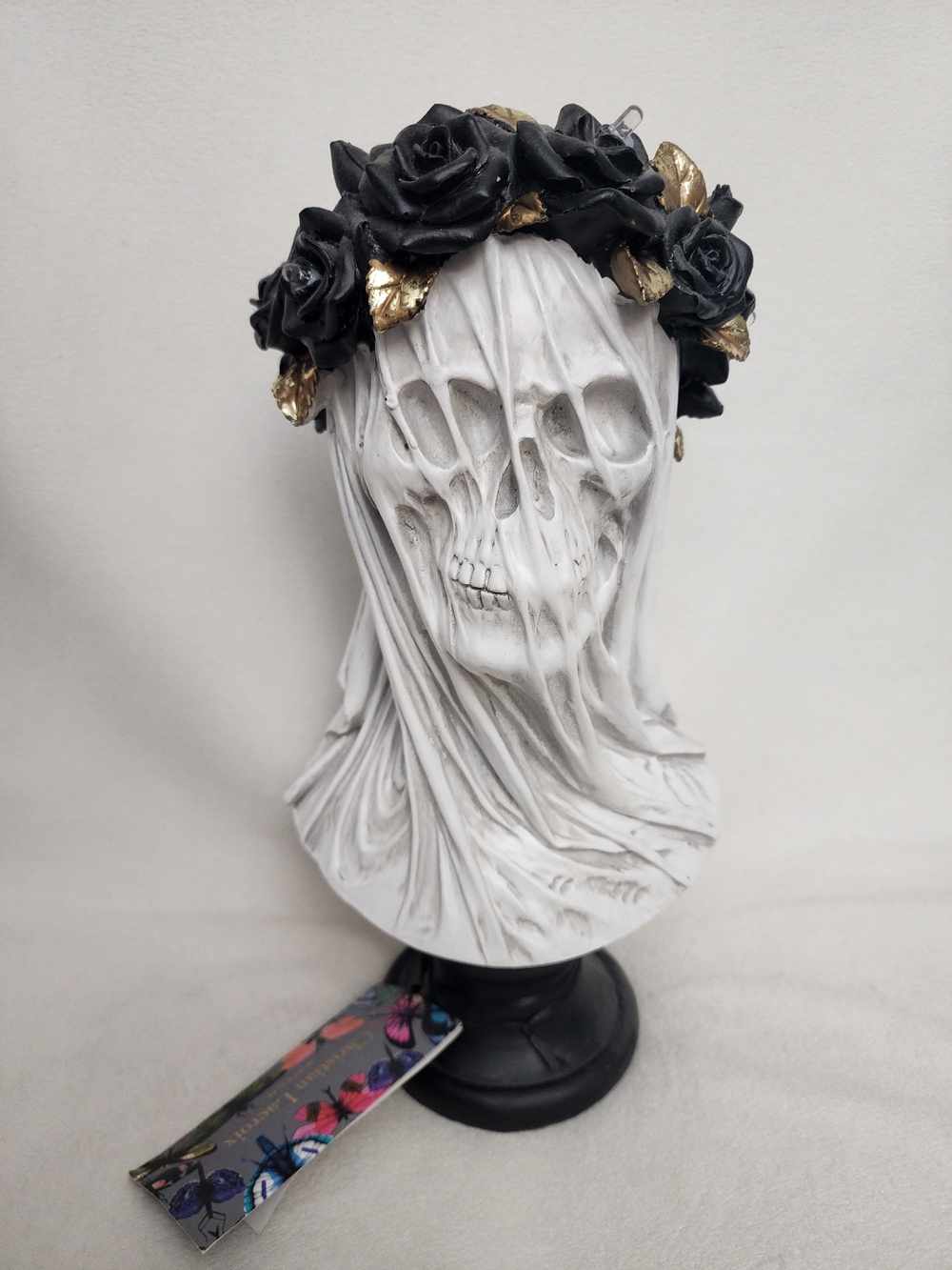 Christian Lacroix White Veiled Skull Bust with Black and Gold Rose Crown